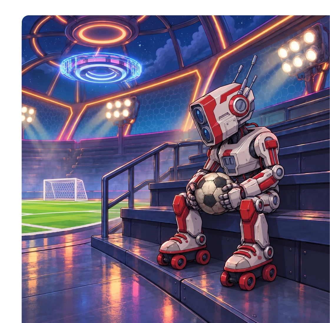 Skitch: a robot on roller skates with a football in the stands
